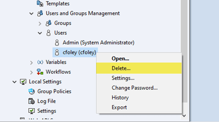 Screenshot che mostra il processo di eliminazione utente nello strumento di Amministrazione SOLIDWORKS PDM