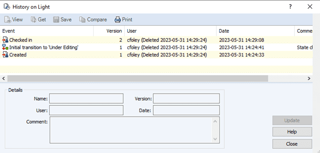 Screenshot che mostra la cronologia del file Light.SLDASM dopo che l'utente è stato eliminato in SOLIDWORKS PDM