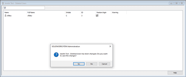 Screenshot che mostra il prompt per salvare le modifiche dell'utente eliminato in SOLIDWORKS PDM