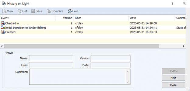 Screenshot che mostra la cronologia del file Light.SLDASM dopo che l'utente è stato ripristinato in SOLIDWORKS PDM