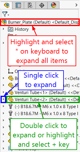 SOLIDWORKS FeatureManager 디자인 트리에서 피처 트리를 확장하는 다양한 방법을 보여주는 스크린샷