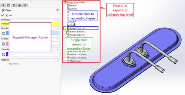 SOLIDWORKS FeatureManager 디자인 트리에서 플라이아웃 피처 트리를 확장하고 축소하는 다양한 방법을 보여주는 스크린샷