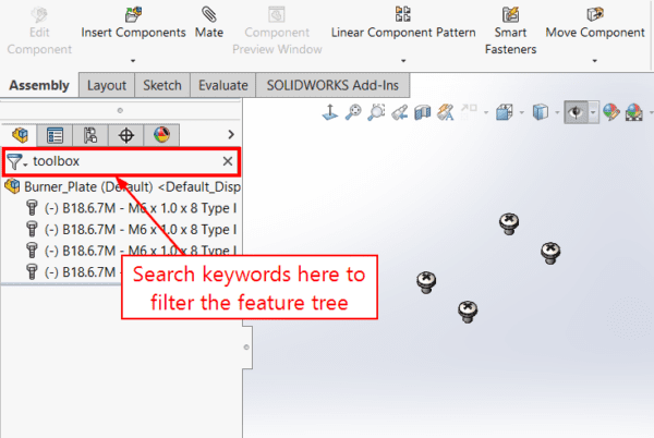 SOLIDWORKS FeatureManager 디자인 트리에서 피처 트리를 필터링하는 것을 보여주는 스크린샷