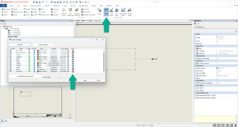 لقطة شاشة تُظهر واجهة مدير طبقات SOLIDWORKS Electrical