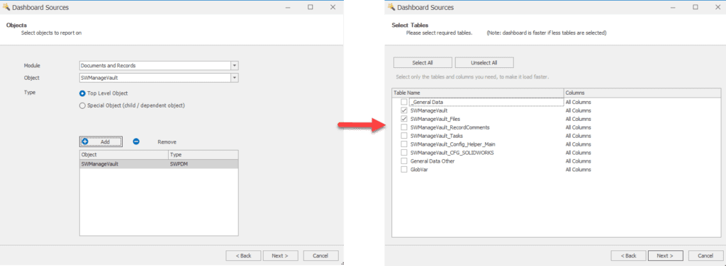 Снимок экрана интерфейса панели SOLIDWORKS Manage, показывающий источники данных и конфигурацию портлетов