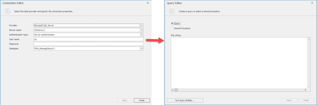 Интерфейс мастера источника данных и редактора запросов, показывающий экран редактирования SQL-запросов