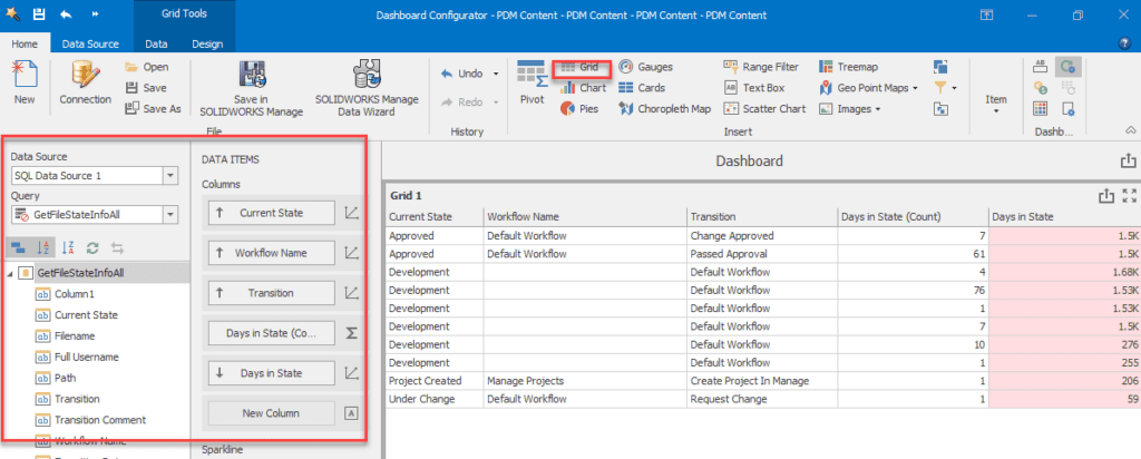 Экран создания сетки в панели Manage, показывающий конфигурацию столбцов и поля данных