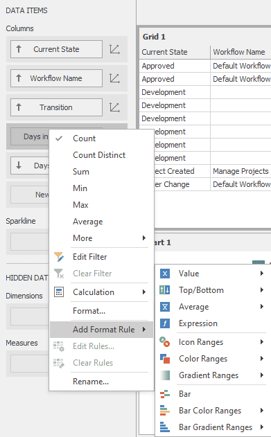 Меню настройки столбца, показывающее параметры пользовательских фильтров и правил форматирования