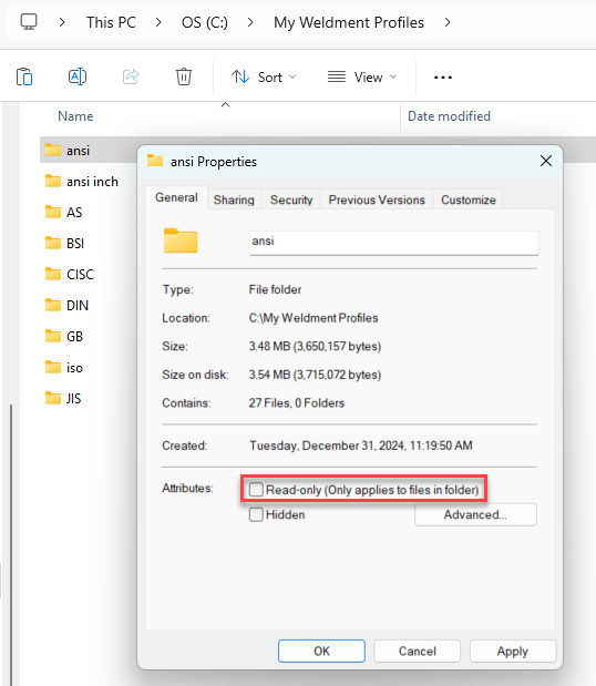 Klasör özelliklerinde salt okunur seçeneğinin kaldırıldığını gösteren Windows ekran görüntüsü