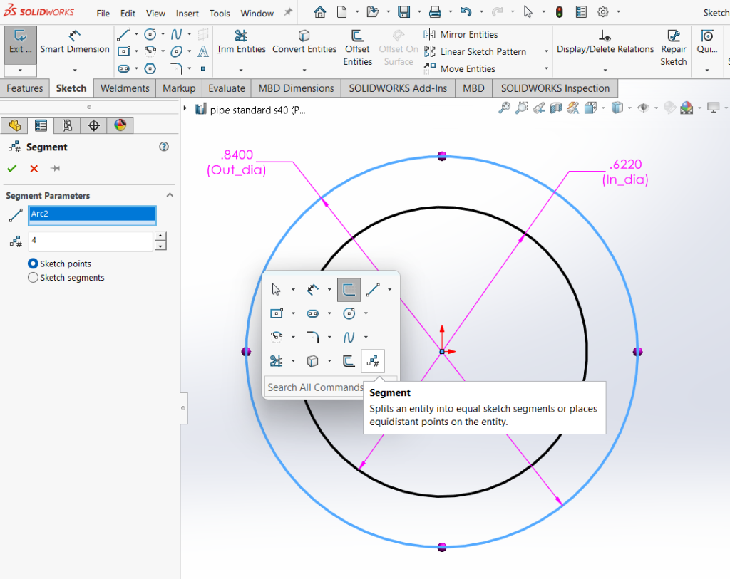 SOLIDWORKS'te Segment komutunu kullanarak nokta ekleme işlemini gösteren ekran görüntüsü
