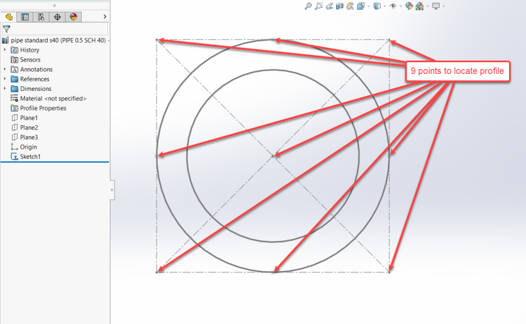 Bir daireyi kare içinde kısıtlayarak SOLIDWORKS eskiz düzenleme işlemini gösteren ekran görüntüsü