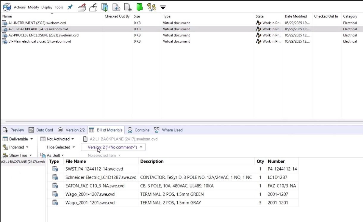 SOLIDWORKS PDM'de EBOM görünümünü gösteren ekran görüntüsü
