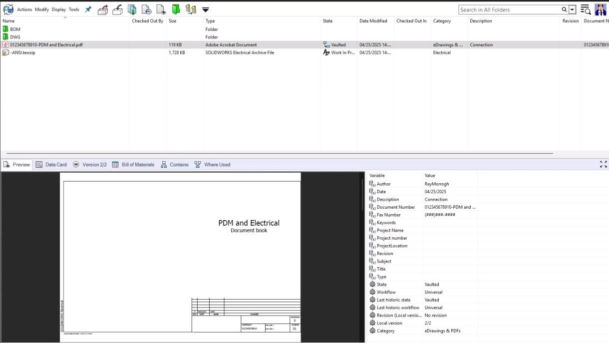 PDM'de devam eden bir SOLIDWORKS Electrical projesini görüntülemeyi gösteren ekran görüntüsü