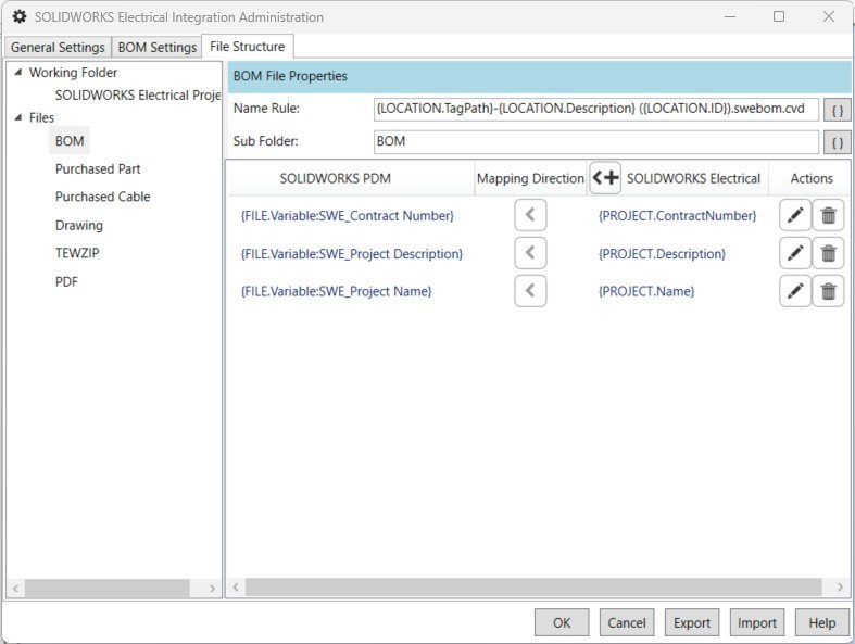 Electrical ve PDM arasındaki değişken eşlemeyi gösteren ekran görüntüsü
