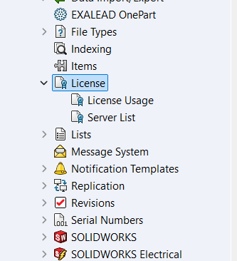 SOLIDWORKS PDM Y&ouml;netim Aracında lisans se&ccedil;eneklerini g&ouml;steren ekran g&ouml;r&uuml;nt&uuml;s&uuml;