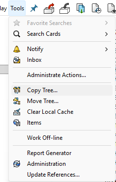 Capture d’écran montrant le menu d’accès et l’interface de SOLIDWORKS PDM Copy Tree