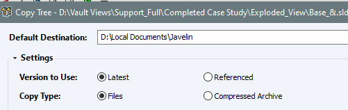 Capture d’écran affichant les paramètres de fichier et les options de configuration de SOLIDWORKS PDM Copy Tree