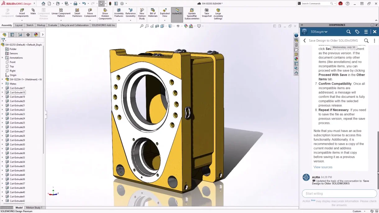 Screenshot der integrierten KI-Assistenten-Funktion in SOLIDWORKS 2026